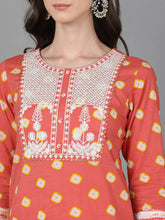 Women Orange Pure Cotton Bandhani Printed Kurta Trousers With Dupatta